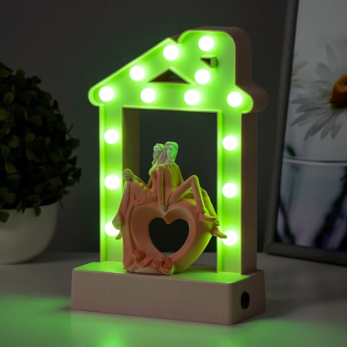 Фигурка светящаяся RISALUX «Влюбленные», 14хLED, ночник, 4000 К, USB, 3×АА, розовый, 24.5×7×15.5 см