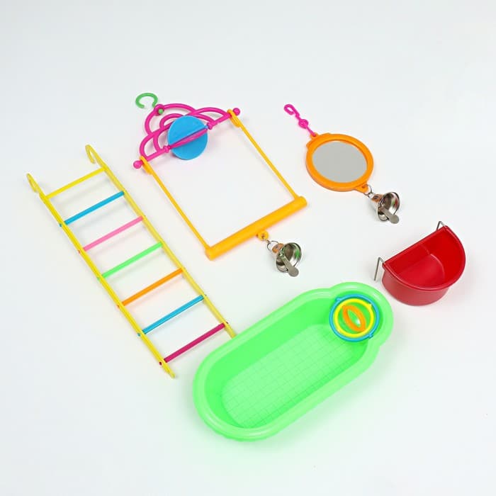 Набор игрушек для птиц, 35×28 см, 5 предметов: ванночка, кормушка, зеркальце, качели, лесенка