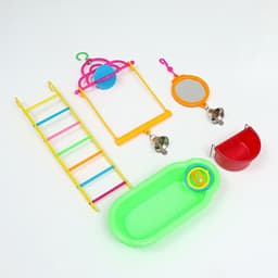 Набор игрушек для птиц, 35×28 см, 5 предметов: ванночка, кормушка, зеркальце, качели, лесенка