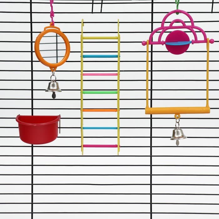 Набор игрушек для птиц, 35×28 см, 5 предметов: ванночка, кормушка, зеркальце, качели, лесенка