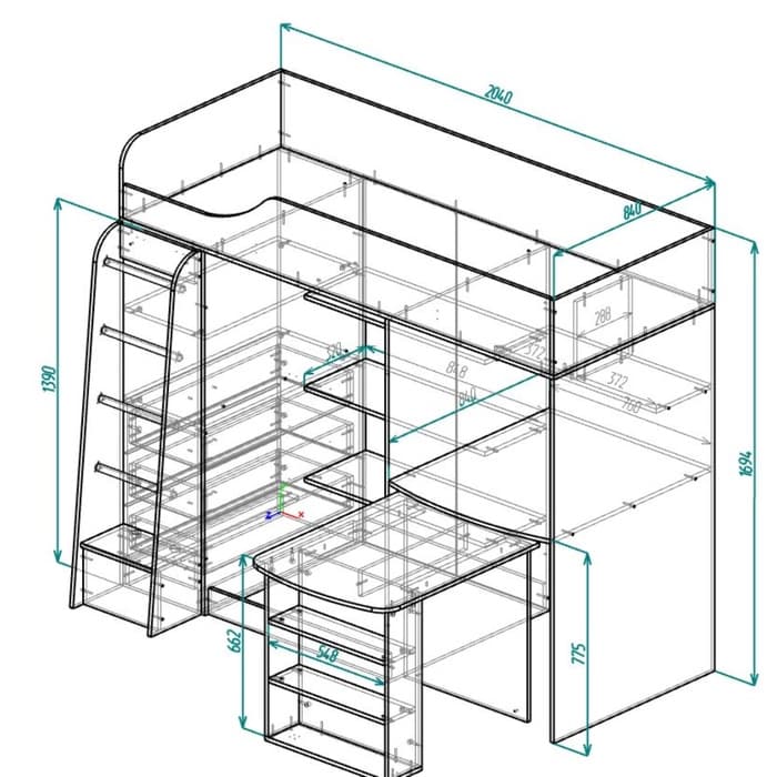 Кровать – чердак «Каприз 8», с столом, с шкафом, 2040×1102×1695 мм, цвет анкор белый