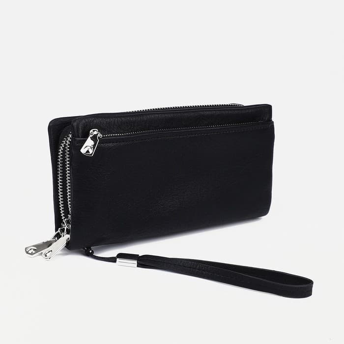 Портмоне мужское на молниях, отдел для купюр, для карт, для монет, цвет чёрный