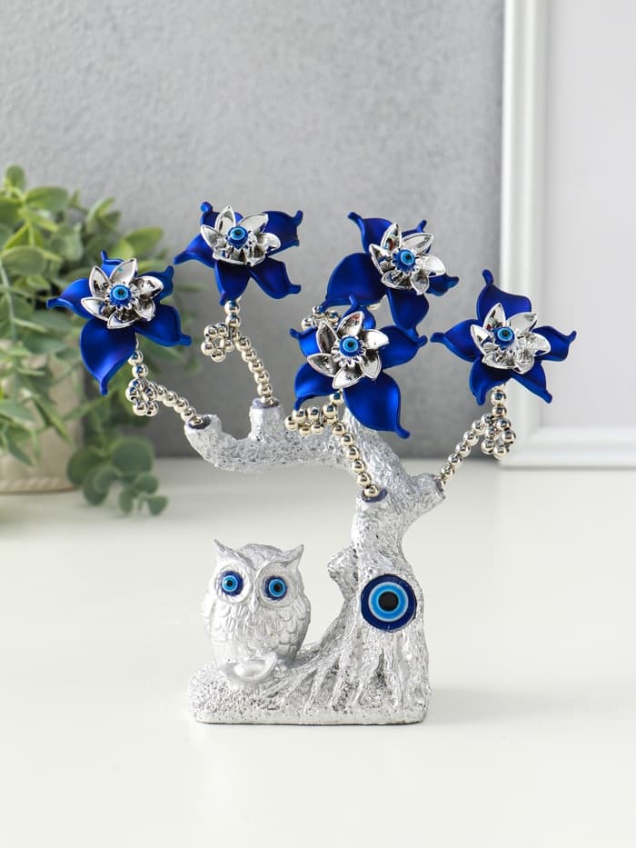 Фигурка от сглаза «Цветущее дерево. Филин со слитком золота», серебро, синий, 16×5.5×18.5 см