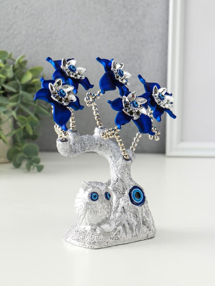 Фигурка от сглаза «Цветущее дерево. Филин со слитком золота», серебро, синий, 16×5.5×18.5 см