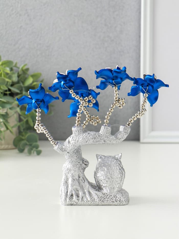 Фигурка от сглаза «Цветущее дерево. Филин со слитком золота», серебро, синий, 16×5.5×18.5 см