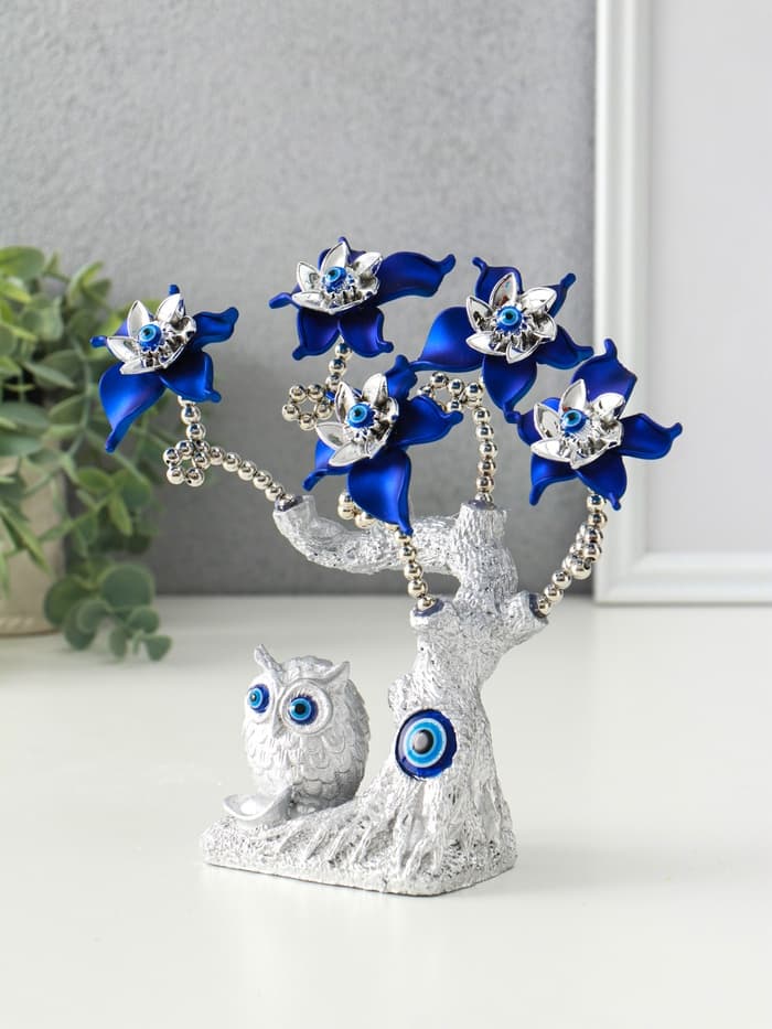Фигурка от сглаза «Цветущее дерево. Филин со слитком золота», серебро, синий, 16×5.5×18.5 см