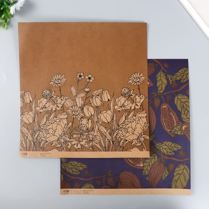 Бумага для скрапбукинга двусторонняя крафт «Какао и цветы», плотность 180 г, 30.5×32 см