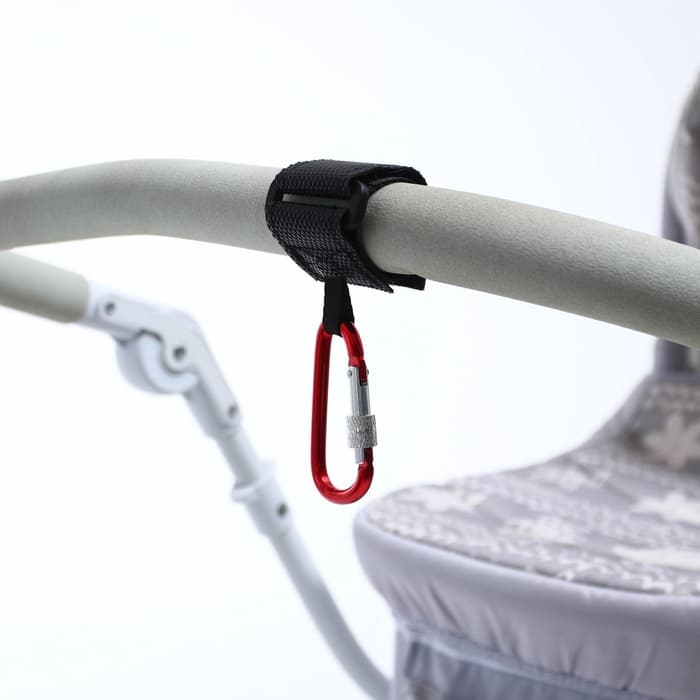 Крючок карабин для сумок на коляску, на липучке, экокожа, красный