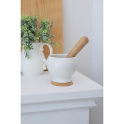 Ступка для специй BellaTenero, 380 мл, с пестиком, на бамбуковой подставке, фарфор, белая