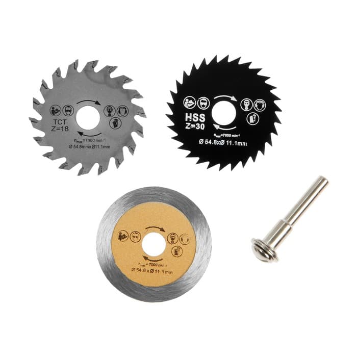 Набор кругов и дисков отрезных для граверов и бормашин ТУНДРА, 3 насадки и адаптер 6 мм