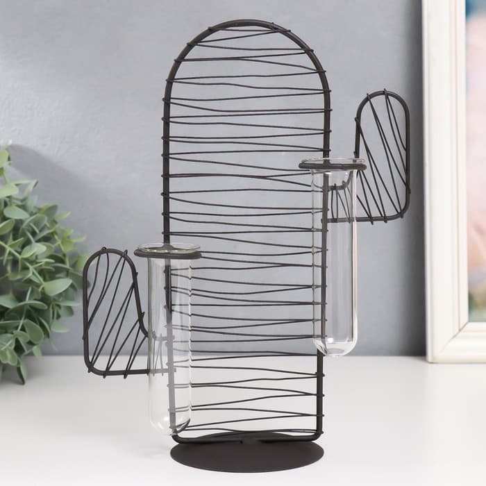 Фигурка с колбами (вазонами) «Кактус. Штрихи», чёрный, 15×9×26 см