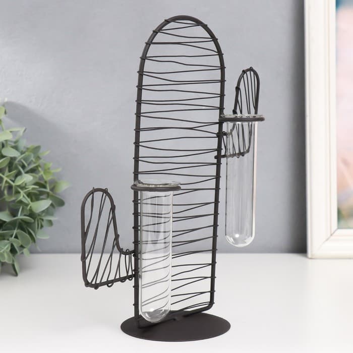 Фигурка с колбами (вазонами) «Кактус. Штрихи», чёрный, 15×9×26 см