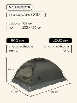 Палатка туристическая 2-местная maclay fisht te 2, 205×150×105 см, трекинговая, однослойная, зелёная