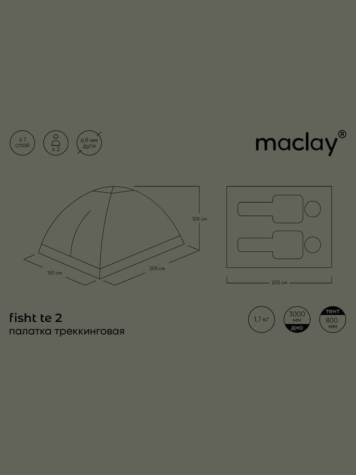 Палатка туристическая 2-местная maclay fisht te 2, 205×150×105 см, трекинговая, однослойная, зелёная
