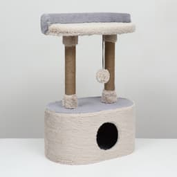 Домик для кошек с когтеточкой, 54×34×80 см, с овальной полкой, пушистый мех, джут, серый