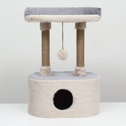 Домик для кошек с когтеточкой, 54×34×80 см, с овальной полкой, пушистый мех, джут, серый
