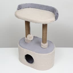 Домик для кошек с когтеточкой, 54×34×80 см, с овальной полкой, пушистый мех, джут, серый