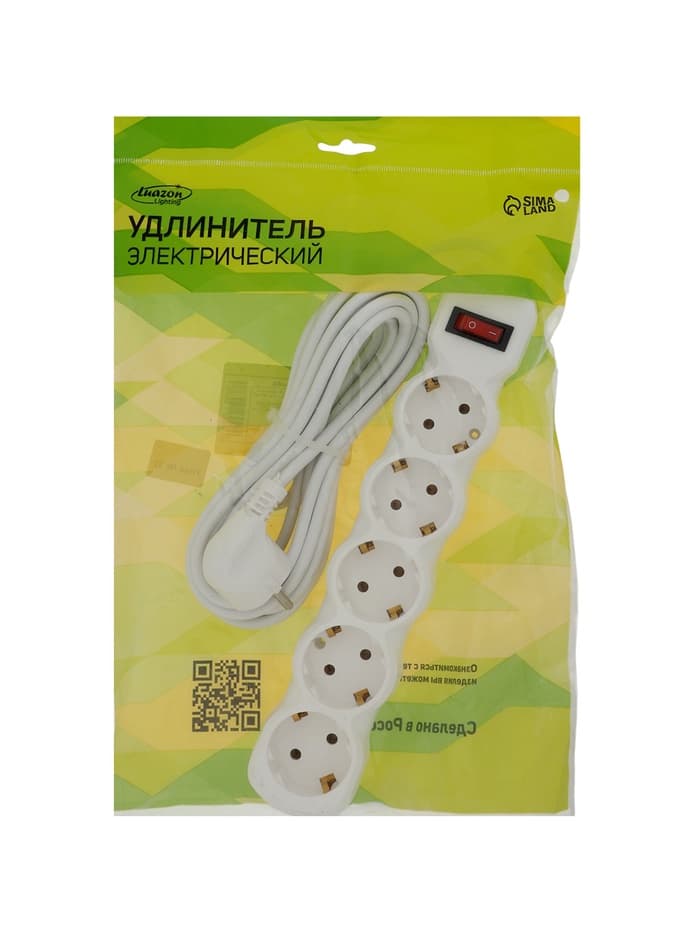 Удлинитель Luazon Lighting ECO, 5 розеток, 5 м, 10 А, 2200 Вт, ПВС 3×0.75 мм2, с заземлением, белый