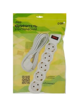Удлинитель Luazon Lighting ECO, 5 розеток, 5 м, 10 А, 2200 Вт, ПВС 3×0.75 мм2, с заземлением, белый