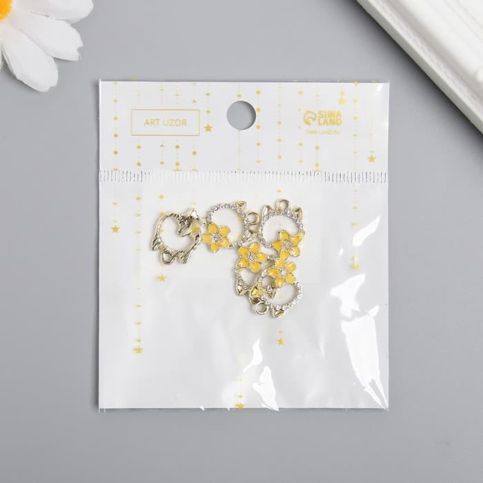 Декор для творчества металл, эмаль, стразы «Кошечка с жёлтым цветком», золото, 1.2×1.7 см