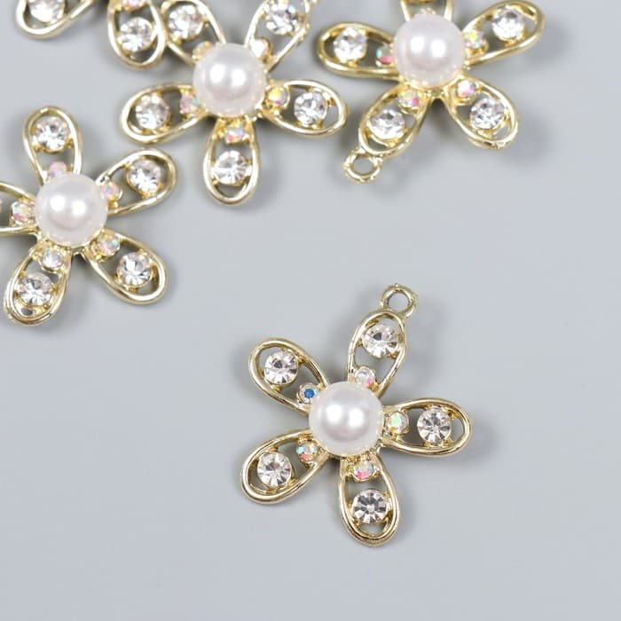 Декор для творчества металл, стразы «Ромашка с жемчужинкой», золото, 2.5×3 см