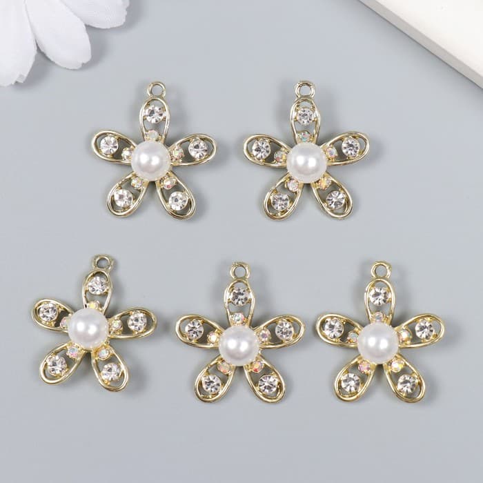 Декор для творчества металл, стразы «Ромашка с жемчужинкой», золото, 2.5×3 см