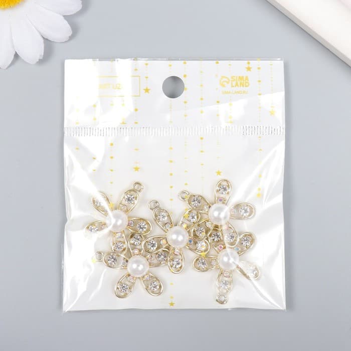 Декор для творчества металл, стразы «Ромашка с жемчужинкой», золото, 2.5×3 см