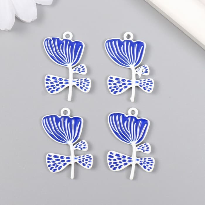 Декор для творчества металл, эмаль «Бело-синий цветок», 2.2×3 см