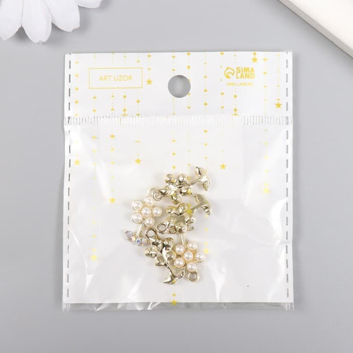 Декор для творчества металл, стразы «Цветочек жемчужный с листиками», золото, 1.1×2 см