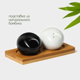 Набор для специй на деревянной подставке BellaTenero «Камни», 2 предмета: солонка 30 мл, перечница 30 мл, фарфор, бамбук, белый, чёрный