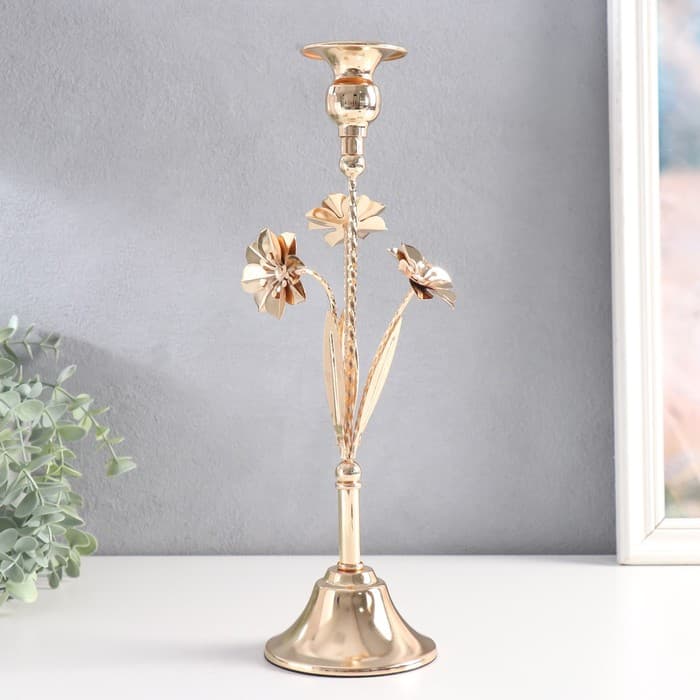 Металлический подсвечник на 1 свечу «Три цветка», d=2.5 см, золото, 10×10×33 см