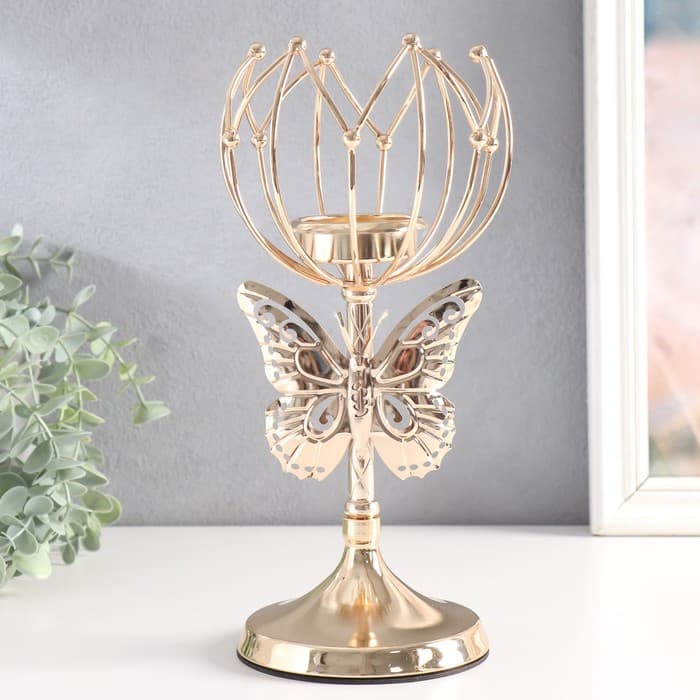 Металлический подсвечник на 1 свечу «Бабочка и геометрическая лилия», d=5.5 см, золото, 11×11×27 см