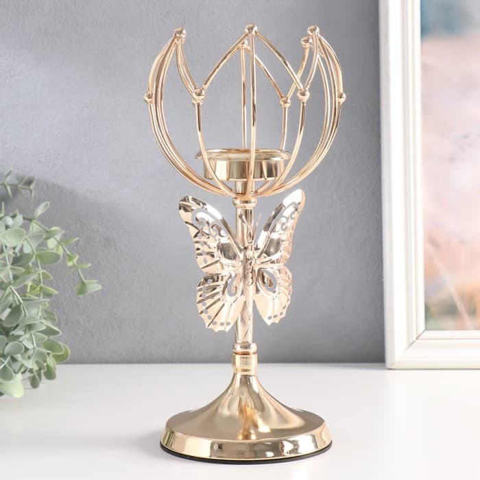 Металлический подсвечник на 1 свечу «Бабочка и геометрическая лилия», d=5.5 см, золото, 11×11×27 см