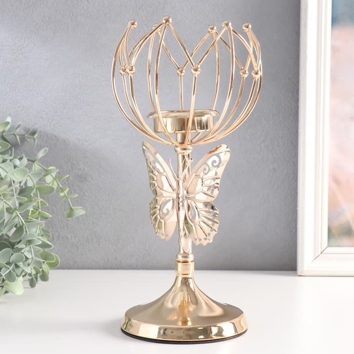 Металлический подсвечник на 1 свечу «Бабочка и геометрическая лилия», d=5.5 см, золото, 11×11×27 см