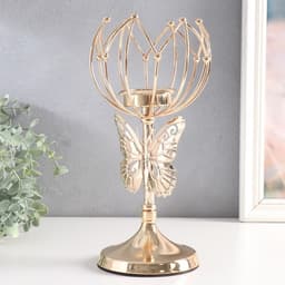 Металлический подсвечник на 1 свечу «Бабочка и геометрическая лилия», d=5.5 см, золото, 11×11×27 см