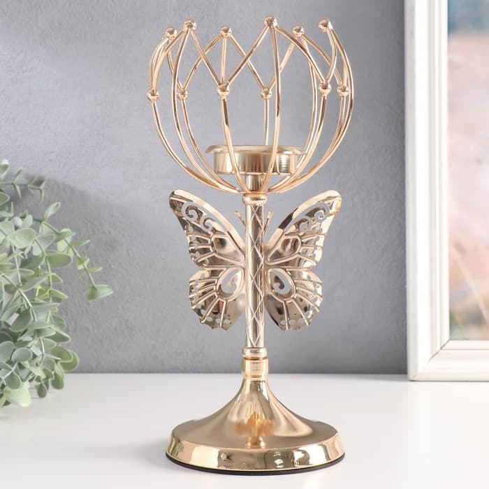 Металлический подсвечник на 1 свечу «Бабочка и геометрическая лилия», d=5.5 см, золото, 11×11×27 см