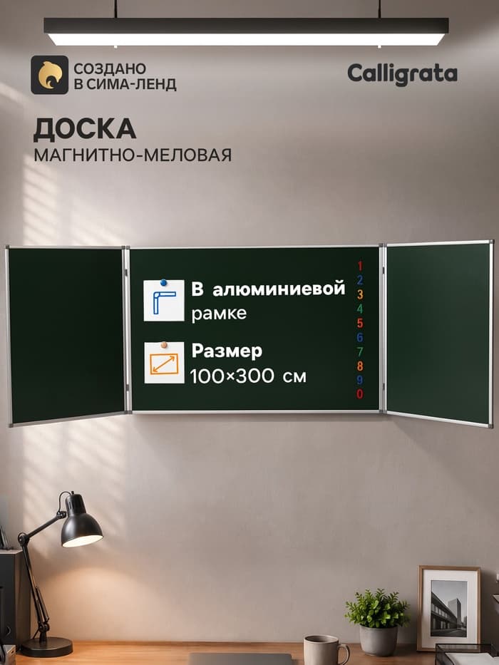 Доска магнитно-меловая, Calligrata, 300×100/100×75×2, трёхсекционная, в алюминиевой рамке