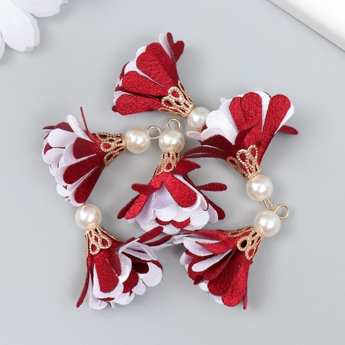 Декор текстиль «Цветок 2 с жемчужиной. Бордовый и белый», набор 6 шт., 3 см