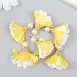 Декор текстиль «Цветок 2 с жемчужиной. Жёлтый и белый», набор 6 шт., 3 см