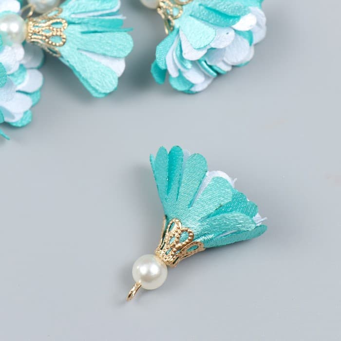 Декор текстиль «Цветок 2 с жемчужиной. Небесный и белый», набор 6 шт., 3 см