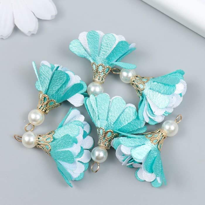 Декор текстиль «Цветок 2 с жемчужиной. Небесный и белый», набор 6 шт., 3 см