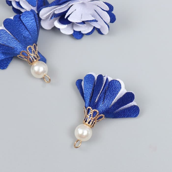 Декор текстиль «Цветок 2 с жемчужиной. Ультрамарин и белый», набор 6 шт., 3 см