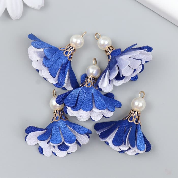 Декор текстиль «Цветок 2 с жемчужиной. Ультрамарин и белый», набор 6 шт., 3 см