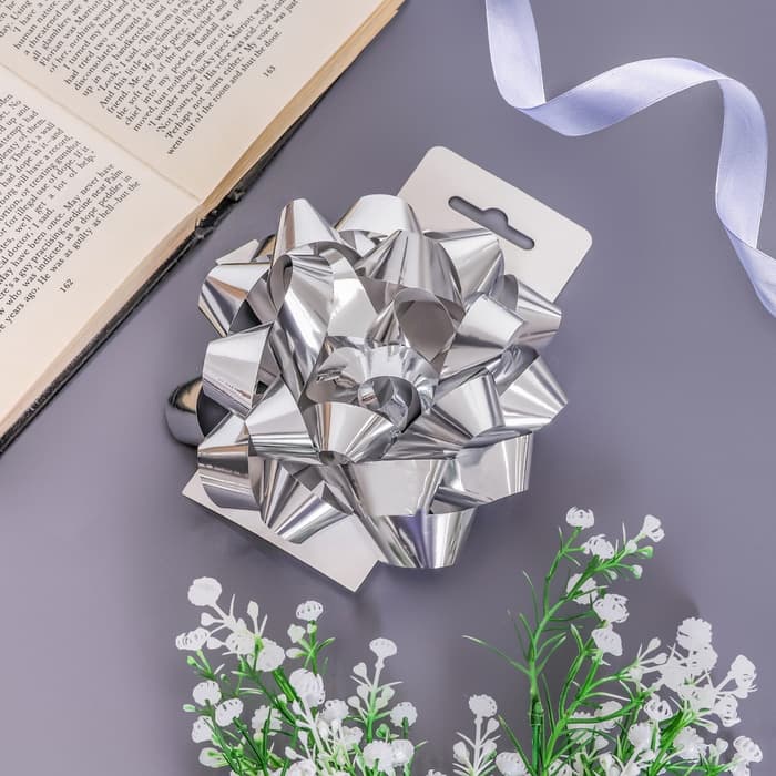 Подарочный Бант - звезда № 14, серебристый, металлик, для упаковки подарков