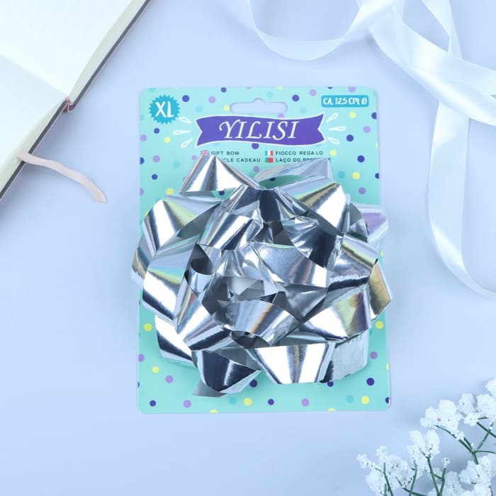 Подарочный Бант - звезда № 14, серебристый, металлик, для упаковки подарков