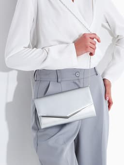 Сумка-клатч женская вечерняя на магните, с длинной цепочкой, серебристая