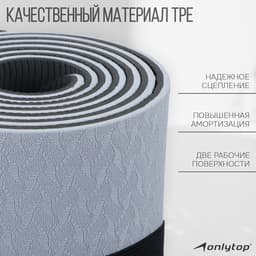 Коврик для фитнеса и йоги ONLYTOP, нескользящий, 183×61×0.6 см, серый, чёрный