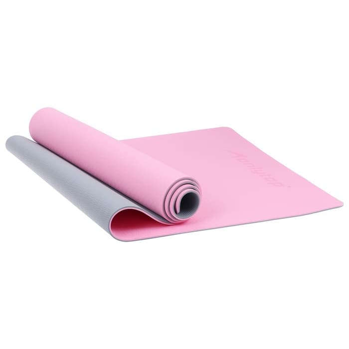 Коврик для фитнеса и йоги ONLYTOP, 183×61×0.6 см, серый, розовый