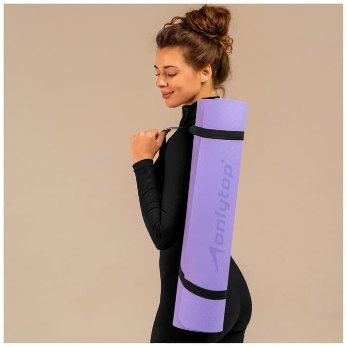 Коврик для фитнеса и йоги ONLYTOP, нескользящий, 183×61×0.6 см, серый, фиолетовый