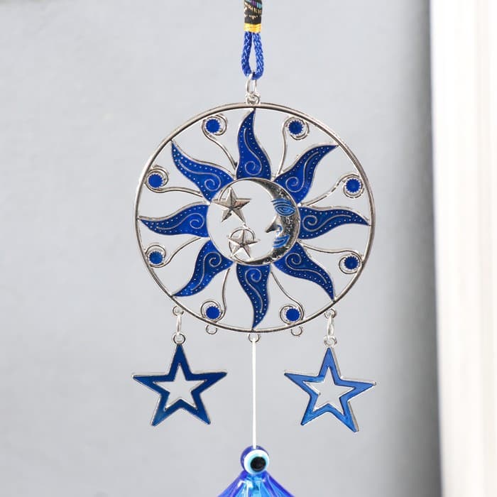 Музыка ветра «Месяц в солнце со звёздами», металл, с кисточкой 3 колокольчика, 43 см